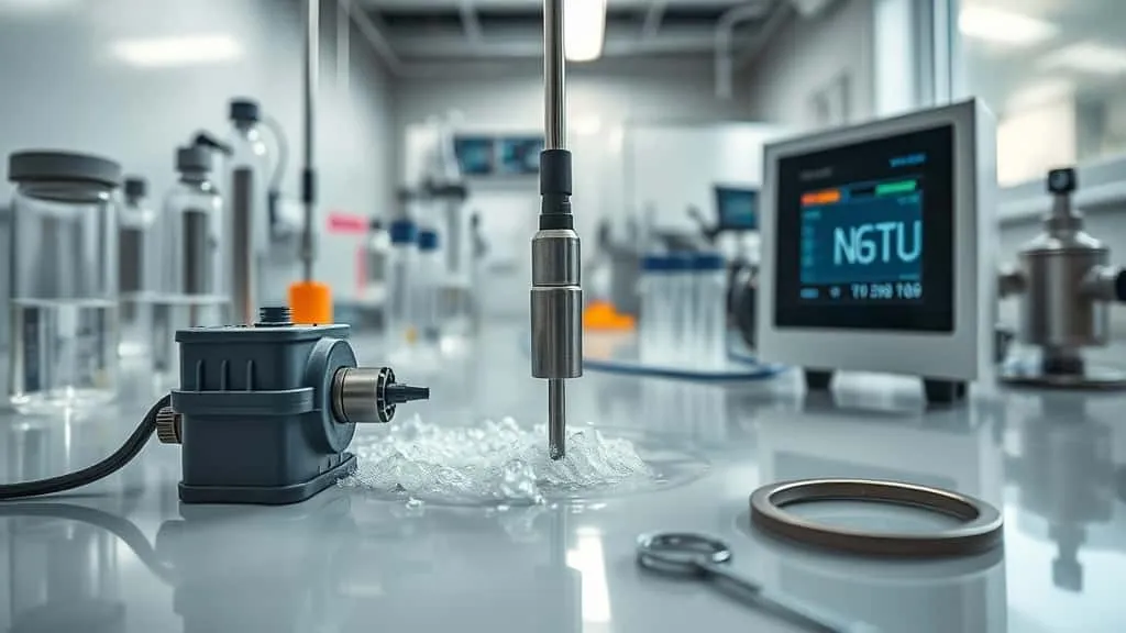 Sensor turbidimeter terendam dalam aliran air keruh industri, dengan sampel gasket di dekat vial uji untuk perbandingan kualitas.