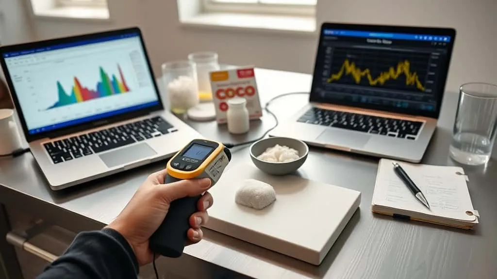 Quality control laboratory measuring white coconut sugar color with handheld spectrophotometer for export buyer acceptance standards.