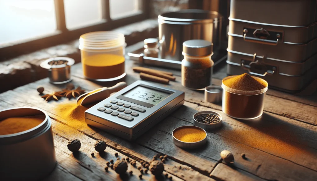 Weathered digital water activity meter on a wooden table next to containers of ground turmeric and black pepper powder, demonstrating spice quality control to prevent caking and aroma loss.