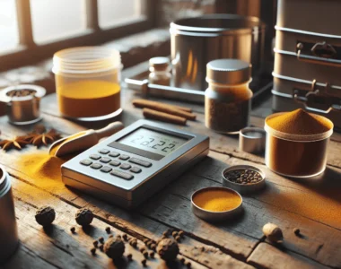 Weathered digital water activity meter on a wooden table next to containers of ground turmeric and black pepper powder, demonstrating spice quality control to prevent caking and aroma loss.