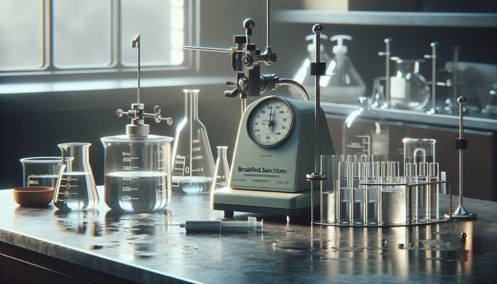 Brookfield viscometer measuring hand sanitizer viscosity for quality control in a lab.