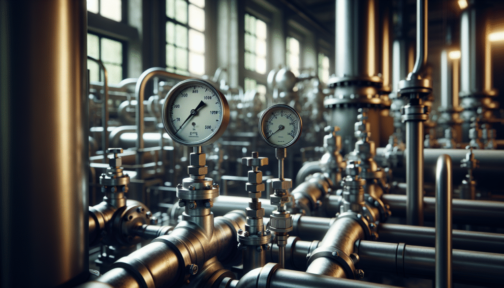 Peralatan produksi gula industri dengan pipa, katup, dan pengukur tekanan, menunjukkan kontrol viskositas gula yang aktif.