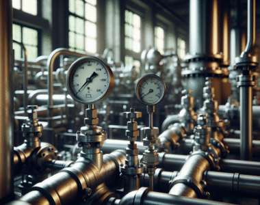 Peralatan produksi gula industri dengan pipa, katup, dan pengukur tekanan, menunjukkan kontrol viskositas gula yang aktif.