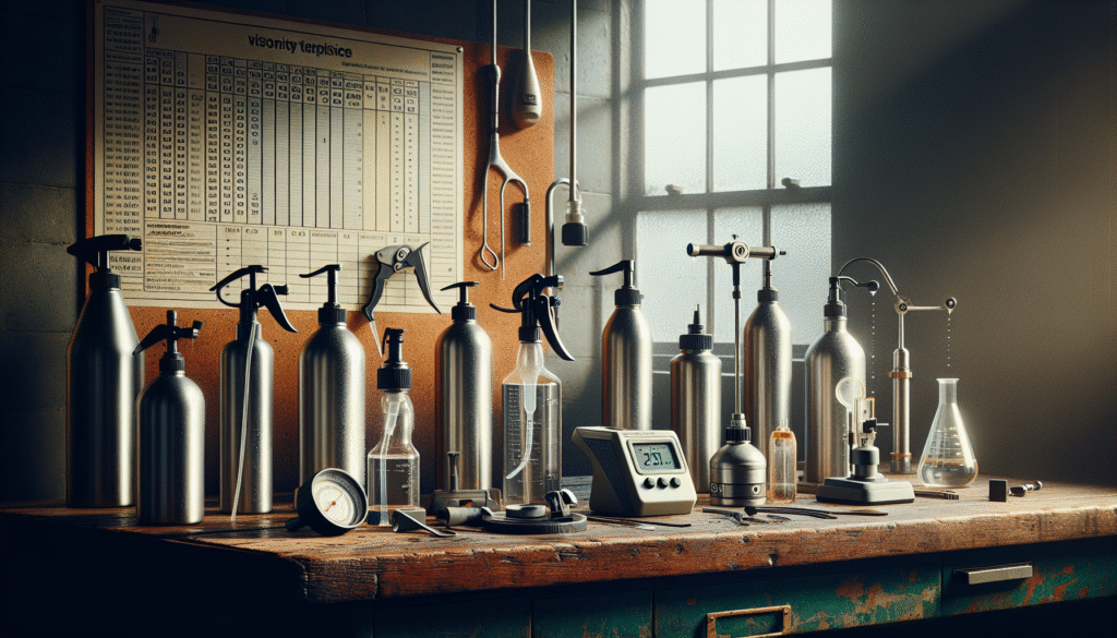Disinfektan dengan berbagai tingkat kekentalan diuji pada peralatan di tempat kerja, dengan bagan viskositas di latar belakang.
