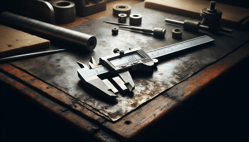 Caliper tool on textured material, showcasing keseragaman ketebalan and authentic workshop patina.