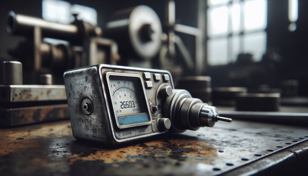 Surface roughness gauge on weathered metal, measuring machine surface wear.