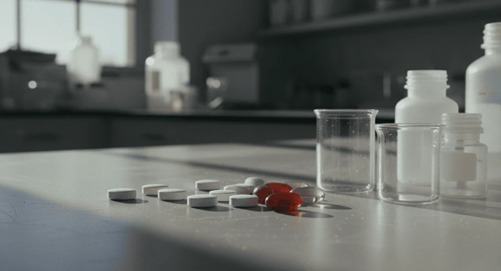 Digital thickness tester measuring white pharmaceutical tablets on a lab bench for production efficiency.