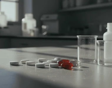 Digital thickness tester measuring white pharmaceutical tablets on a lab bench for production efficiency.