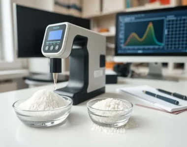 Colorimeter probe measuring white coconut sugar sample on lab bench with CIE L*a*b* color graph displayed on monitor.