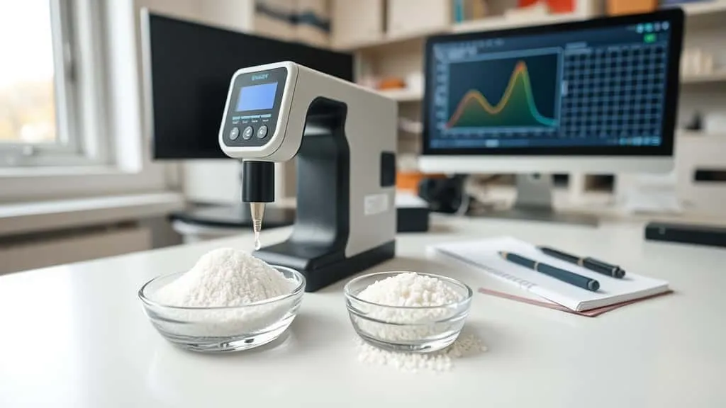 Colorimeter probe measuring white coconut sugar sample on lab bench with CIE L*a*b* color graph displayed on monitor.