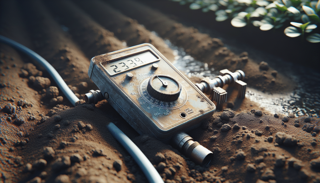 Weathered moisture meter and precision irrigation drip line on damp soil for increasing harvest yield.