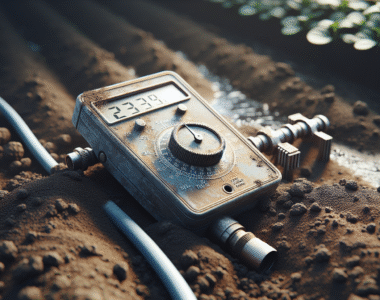 Weathered moisture meter and precision irrigation drip line on damp soil for increasing harvest yield.