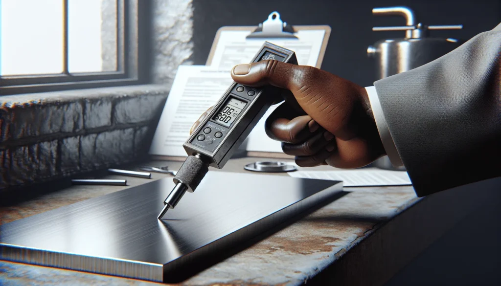 Engineer using a portable UCI hardness tester to verify the surface hardness of a thin steel plate in an industrial workshop.