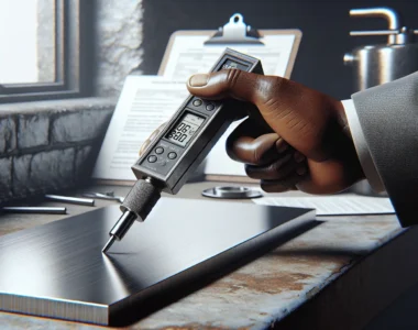 Engineer using a portable UCI hardness tester to verify the surface hardness of a thin steel plate in an industrial workshop.