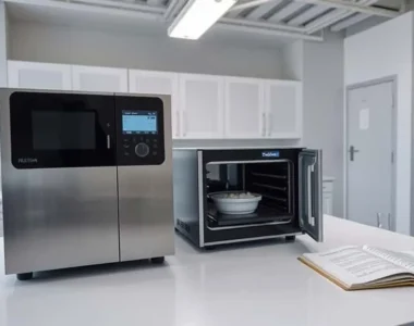 Technician using a moisture analyzer while a nearby oven displays a sample dish in a QC laboratory, comparing drying methods for quality control.
