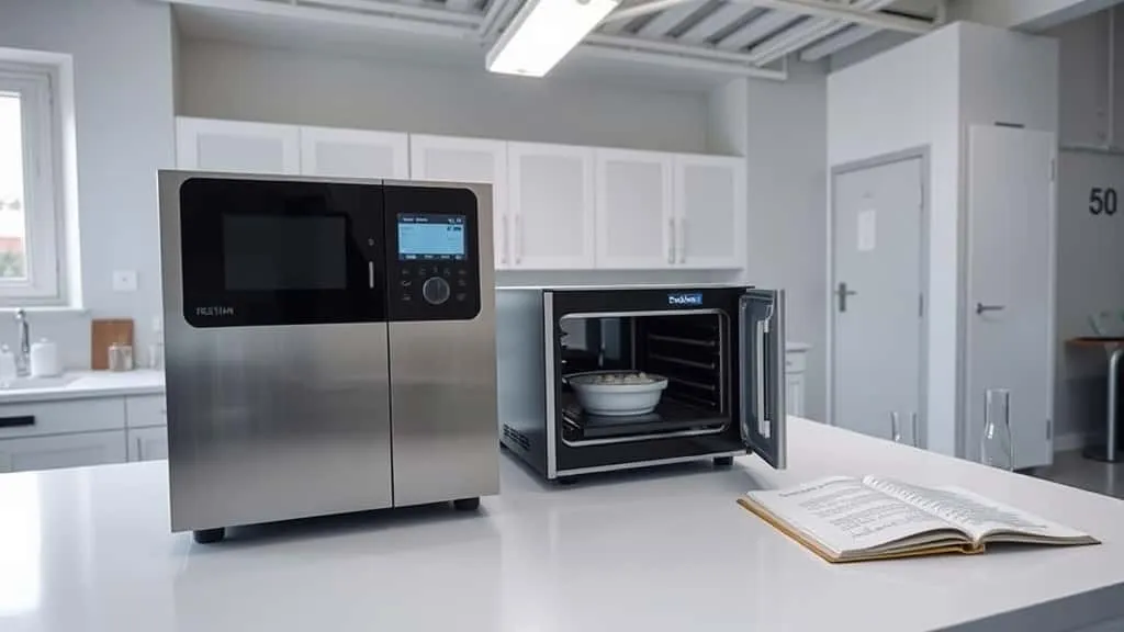 Technician using a moisture analyzer while a nearby oven displays a sample dish in a QC laboratory, comparing drying methods for quality control.