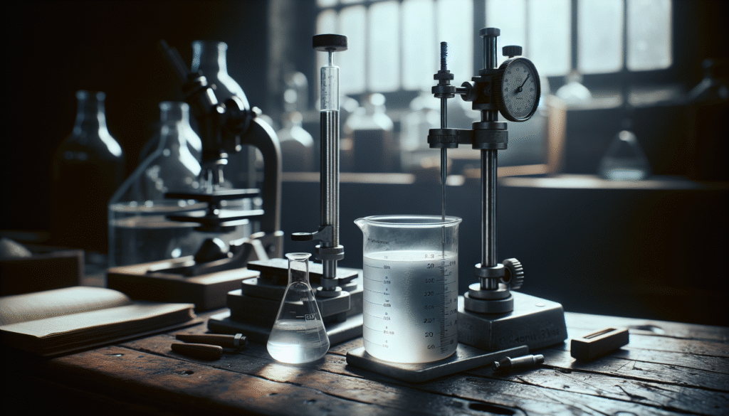 Laboratorium viskometer mengukur viskositas detergen opaque di atas meja kayu, menekankan konsistensi produk.