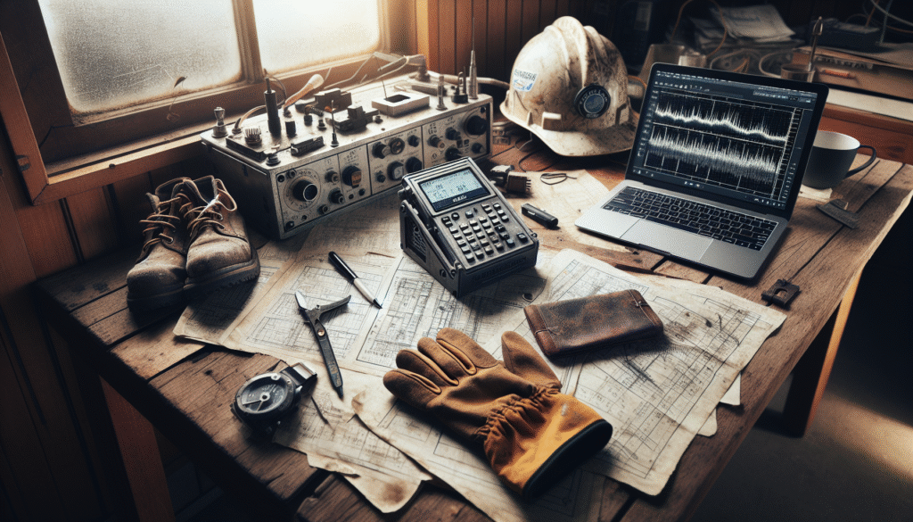 A rugged AMTAST AW006 weather monitoring station on a field engineer's desk, surrounded by schematics for electrical, mechanical, and oil & gas projects, highlighting essential tools for monitoring cuaca lapangan.