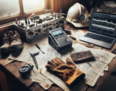 A rugged AMTAST AW006 weather monitoring station on a field engineer's desk, surrounded by schematics for electrical, mechanical, and oil & gas projects, highlighting essential tools for monitoring cuaca lapangan.