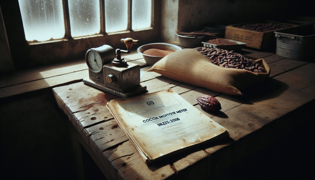 Close-up of a traditional cocoa moisture meter on a wooden table next to raw cocoa beans and an SNI standard document, illustrating moisture monitoring to prevent mold and spoilage.
