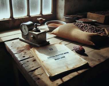 Close-up of a traditional cocoa moisture meter on a wooden table next to raw cocoa beans and an SNI standard document, illustrating moisture monitoring to prevent mold and spoilage.