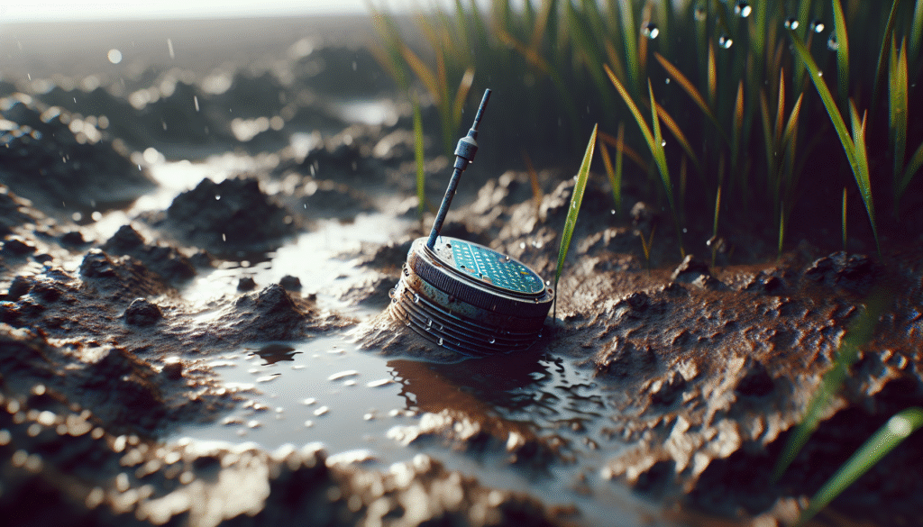 Weathered soil moisture sensor probe in saturated, dark brown agricultural soil with water pooling in furrows, illustrating strategies for monitoring soil humidity during excessive rainfall.