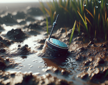 Weathered soil moisture sensor probe in saturated, dark brown agricultural soil with water pooling in furrows, illustrating strategies for monitoring soil humidity during excessive rainfall.