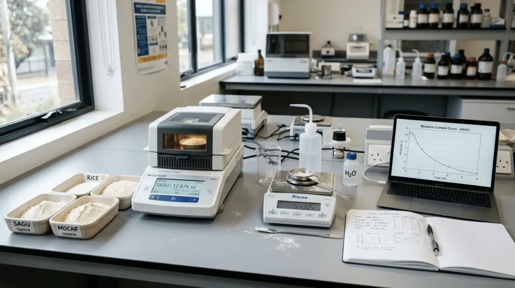 Moisture analyzer on lab bench with gluten-free flour sample trays and drying parameter graph on laptop