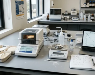 Moisture analyzer on lab bench with gluten-free flour sample trays and drying parameter graph on laptop