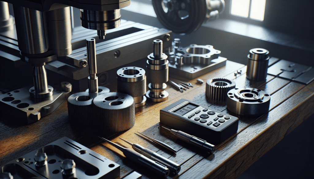 Alat ukur kekasaran mesin seperti profilometer dan digital roughness tester di meja kerja QC spare part.