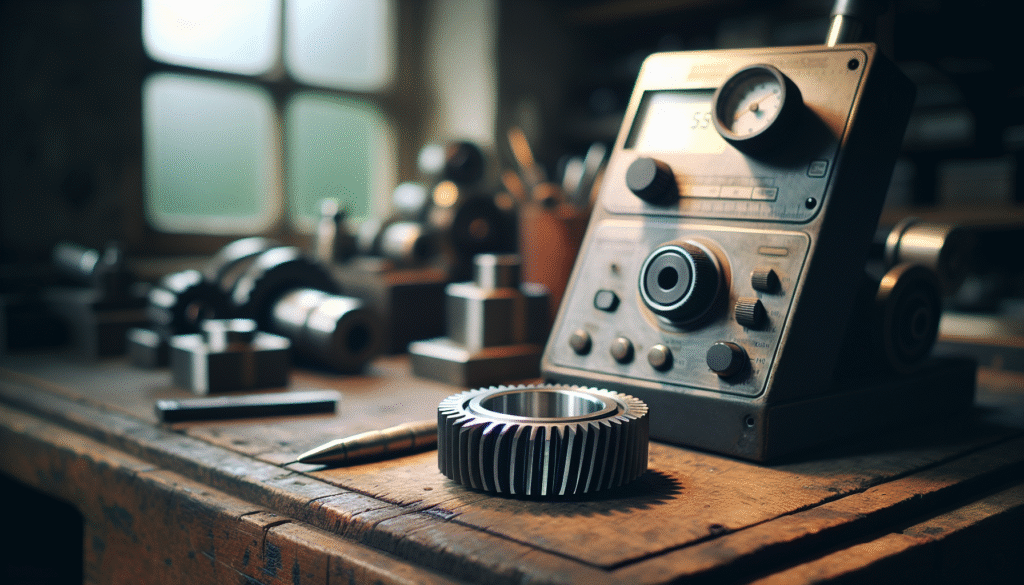 Alat ukur roughness (profilometer) di meja kerja memeriksa komponen mesin presisi, mencegah gagal mesin & lolos QC.