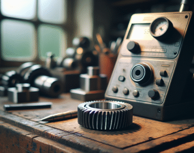 Alat ukur roughness (profilometer) di meja kerja memeriksa komponen mesin presisi, mencegah gagal mesin & lolos QC.