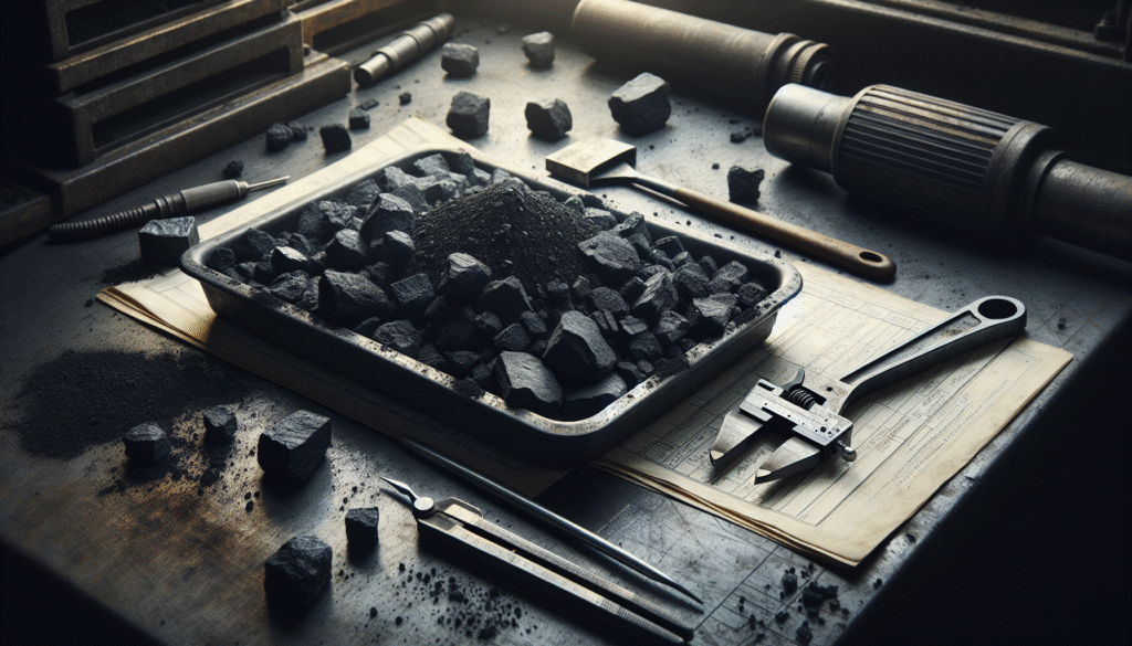 Sampel batubara mentah di baki logam dengan alat laboratorium di meja kerja industri untuk analisis kualitas batubara.