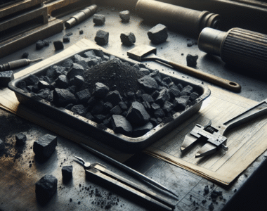 Sampel batubara mentah di baki logam dengan alat laboratorium di meja kerja industri untuk analisis kualitas batubara.