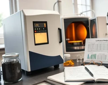 Petugas QC memeriksa dokumen Certificate of Analysis batubara dengan parameter Nilai Kalori GCV, Total Moisture, dan Ash Content.