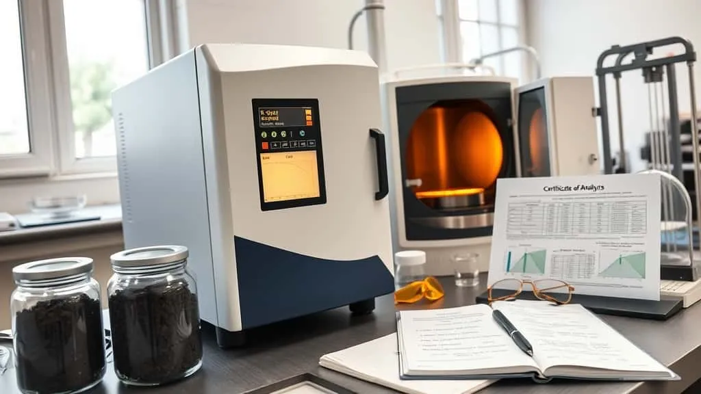 Petugas QC memeriksa dokumen Certificate of Analysis batubara dengan parameter Nilai Kalori GCV, Total Moisture, dan Ash Content.