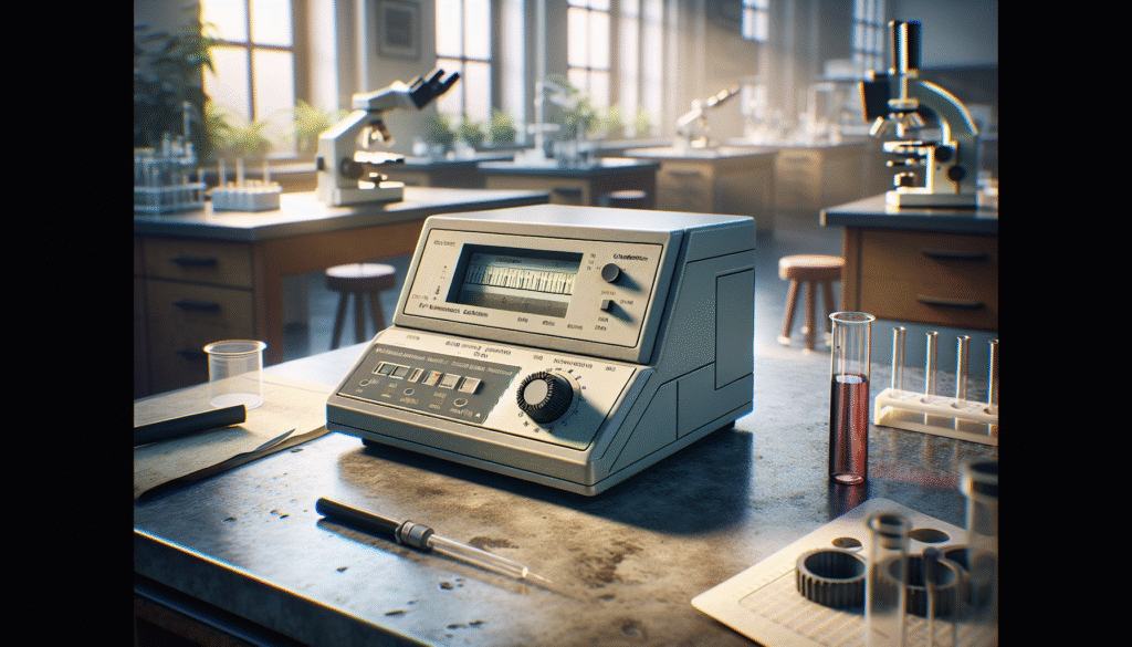Close-up of a colorimeter instrument on a clinical laboratory bench, demonstrating its practical use in a hospital lab setting.
