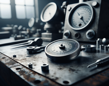 Alat ukur kekasaran permukaan logam dengan alat presisi di bengkel, menunjukkan pengaruh suhu pada material.