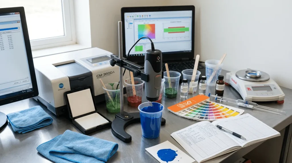 Teknisi pabrik cat menggunakan colorimeter untuk kontrol akurasi warna, membandingkan sampel cat dan swatch di lini produksi