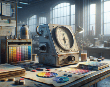 A well-used colorimeter device on a workbench in a paint factory, surrounded by color swatches and technical charts, for accurate color control.