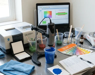 Teknisi pabrik cat menggunakan colorimeter untuk kontrol akurasi warna, membandingkan sampel cat dan swatch di lini produksi