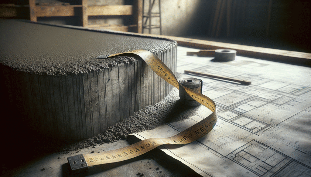 Slab beton yang baru dicor dengan pita pengukur menampilkan ketebalan presisi dan blueprint, mewakili desain lantai beton anti gagal.