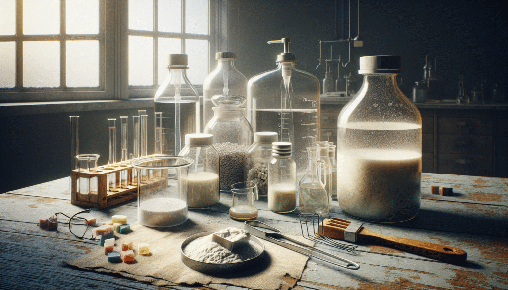 Formulasi detergen cair biodegradable dengan bahan mentah, peralatan laboratorium, dan tumpahan di meja kayu, gaya fotografi dokumenter.