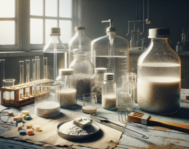 Formulasi detergen cair biodegradable dengan bahan mentah, peralatan laboratorium, dan tumpahan di meja kayu, gaya fotografi dokumenter.