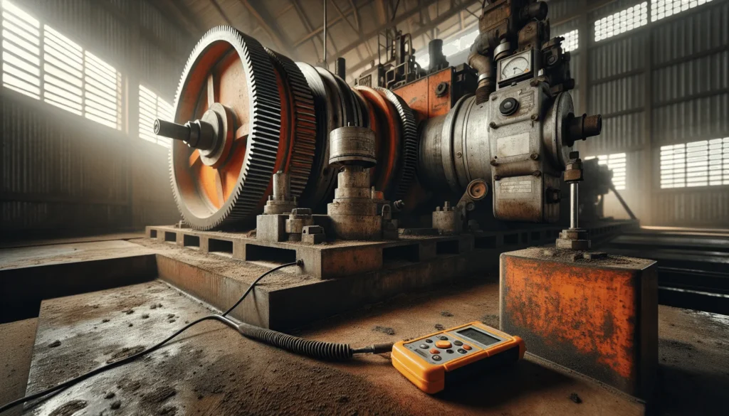 Gearbox palm oil screw press with portable vibration meter for detecting abnormal symptoms, worn metal and dust in mill shed