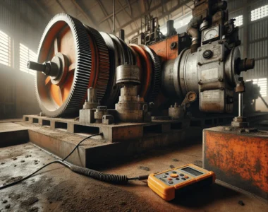 Gearbox palm oil screw press with portable vibration meter for detecting abnormal symptoms, worn metal and dust in mill shed