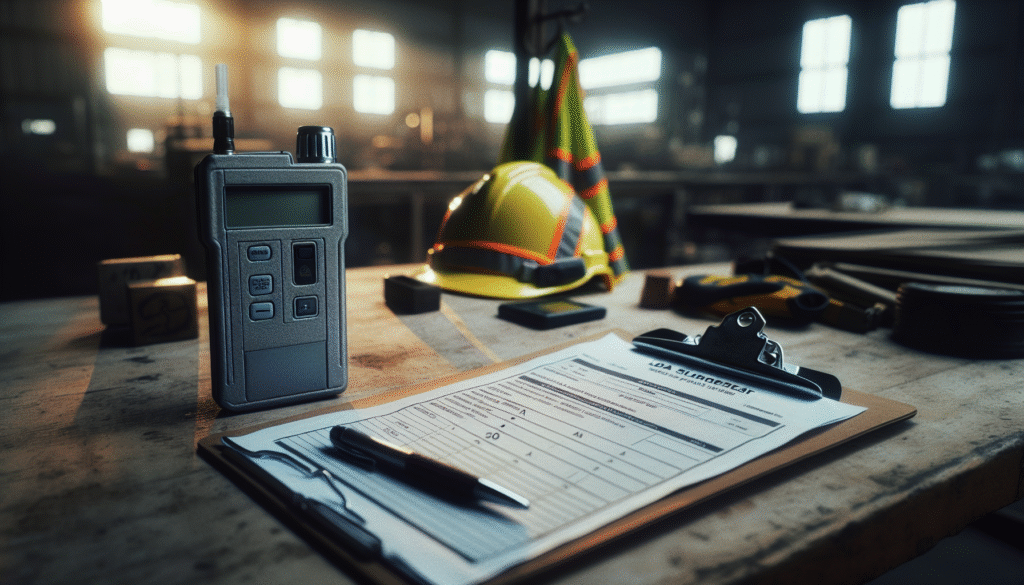 Professional alcohol breathalyzer device on a wooden desk in an Indonesian industrial workplace, with safety vest and hard hat visible, for workplace safety implementation.