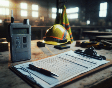 Professional alcohol breathalyzer device on a wooden desk in an Indonesian industrial workplace, with safety vest and hard hat visible, for workplace safety implementation.