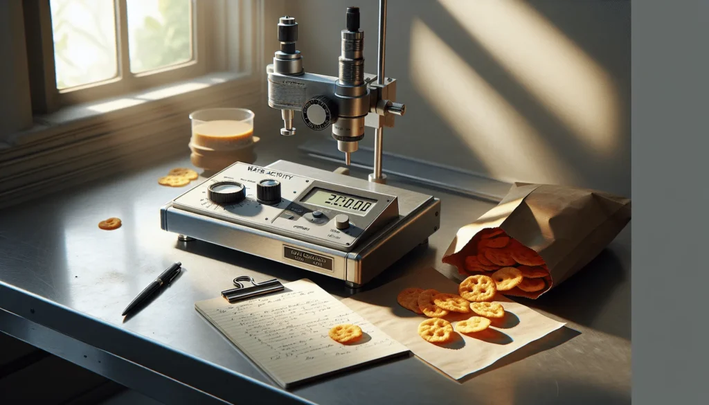 Water activity meter on a lab bench measuring aw for dry snacks in a professional food quality control setting.