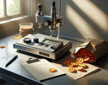 Water activity meter on a lab bench measuring aw for dry snacks in a professional food quality control setting.